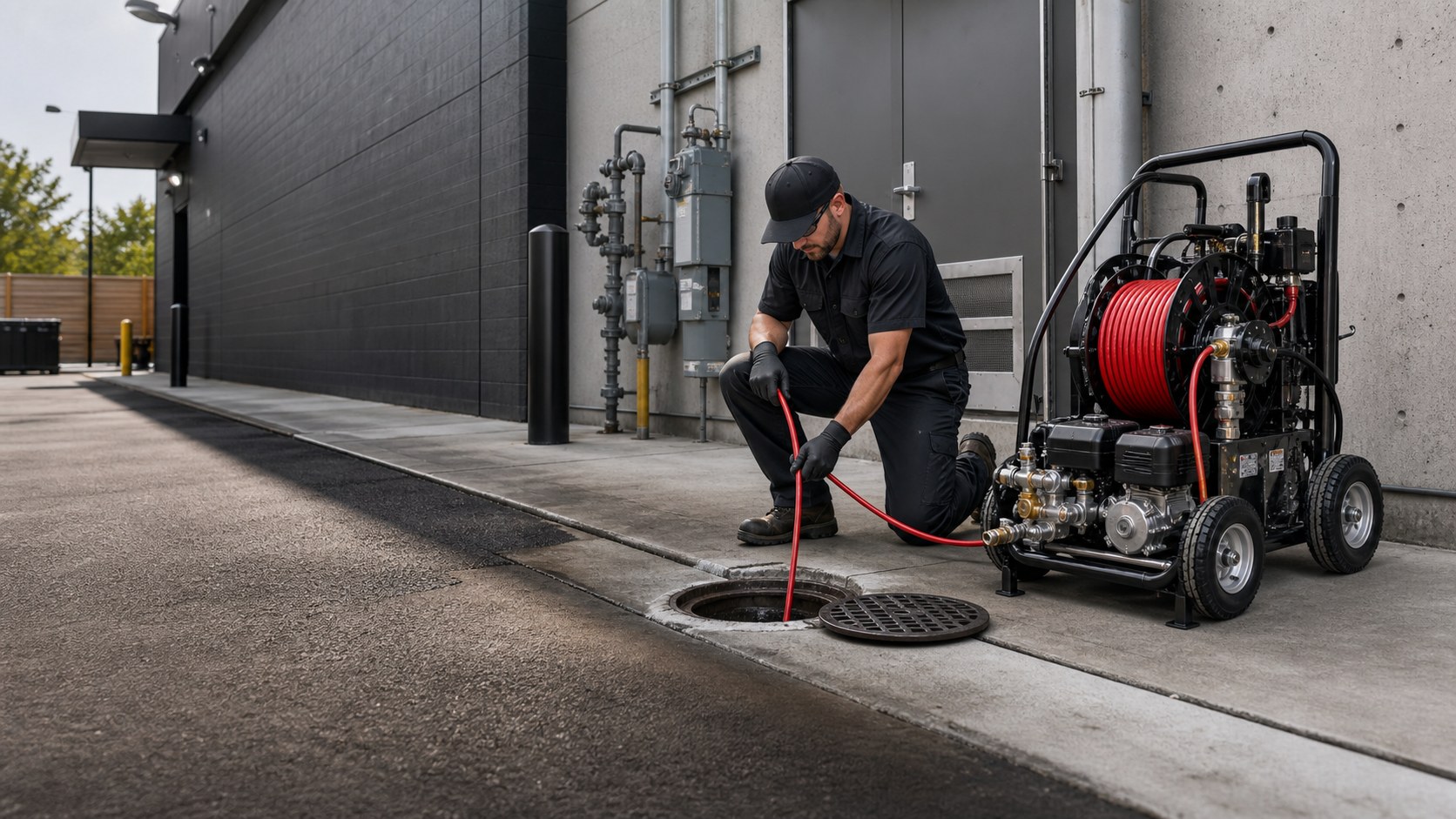 A Smelly Mel's technician feeding a hydro-jetting hose into a cleanout at a commercial property, with a truck-grade jetter reel and pump running alongside