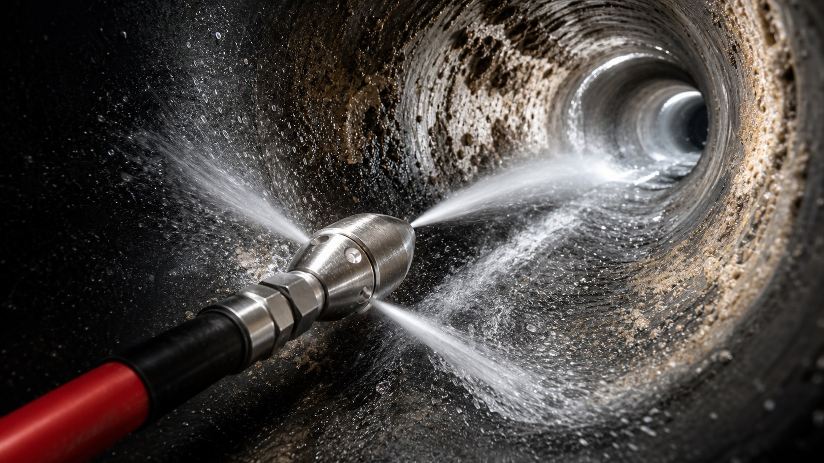 A rotating hydro-jetting nozzle blasting high-pressure water jets through a grease- and scale-caked sewer pipe, scouring the wall back to clean metal