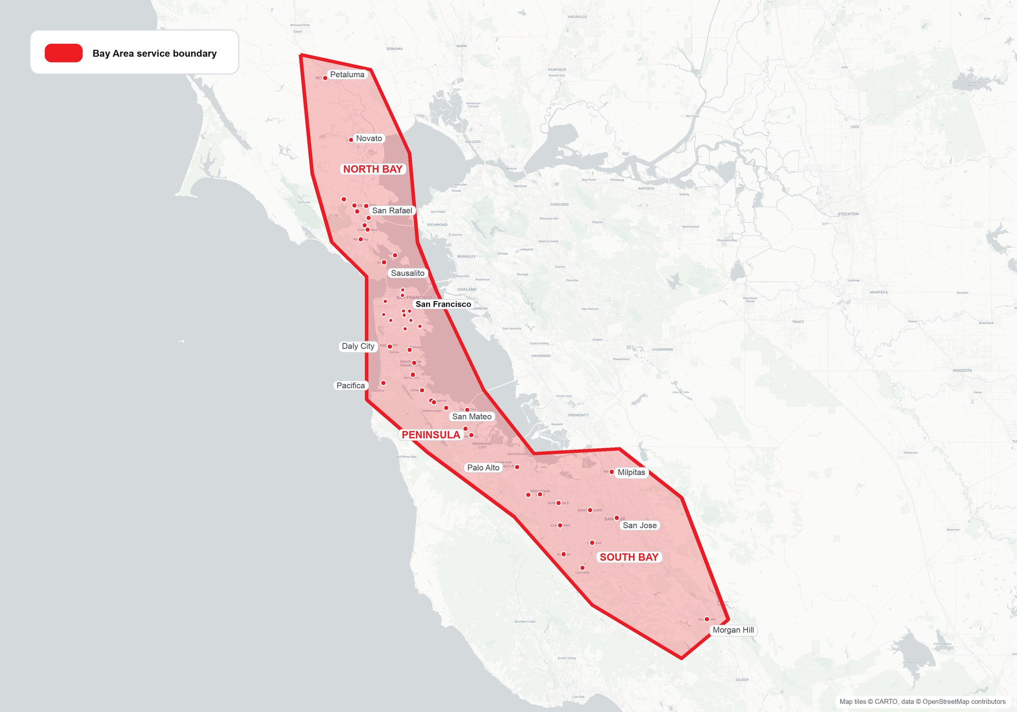 Map of Smelly Mel's Plumbing service area across the San Francisco Bay Area, from the North Bay through San Francisco and down the Peninsula to the South Bay