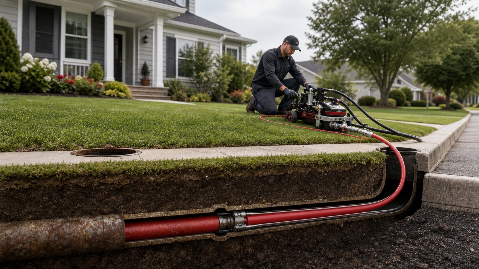 A Smelly Mel's technician running a trenchless sewer line from the street through a small access point to the house, without digging up the lawn