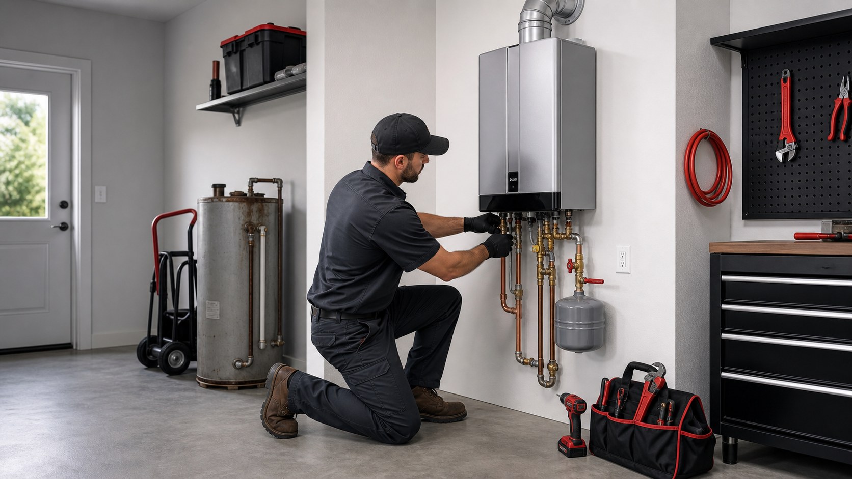 A Smelly Mel's technician connecting the copper and gas lines on a newly installed wall-mounted tankless water heater, with the old tank unit removed alongside